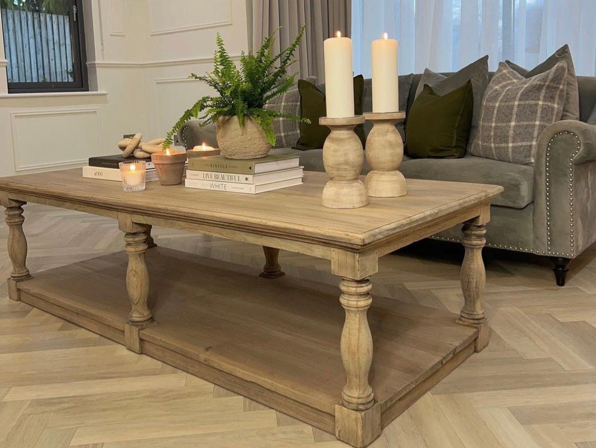 This stylish coffee table is crafted from beautiful weathered reclaimed pine. The balustrade leg detail adds timeless charm to any living area. Perfect for any modern or rustic décor.