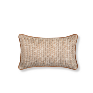 Cherington neutral tweed rectangle cushion with caramel velvet piping