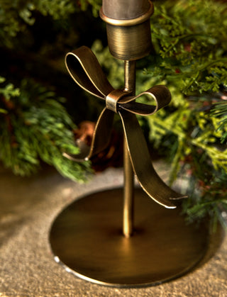 Pair of brass bow Christmas candle holders, small