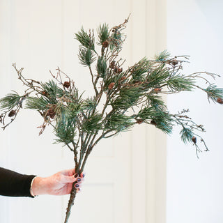Three faux pine cone sprays with mossy branches and natural-look cones