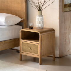 Cheltenham rustic oak bedside table styled in bedroom setting