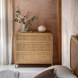 Cheltenham rattan chest of drawers in lime washed oak styled in bedroom