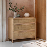 Cheltenham rattan chest of drawers in lime washed oak styled in bedroom
