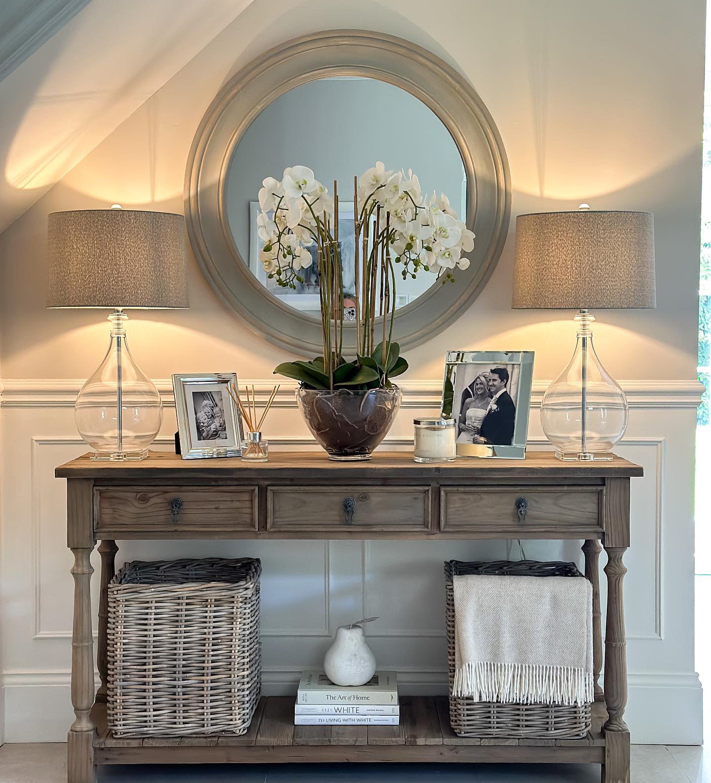 Three-drawer console table made from reclaimed, weathered pine