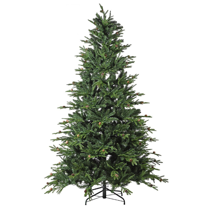 Unlit 7.5FT faux Christmas tree with pinecones and full branches on sturdy metal stand