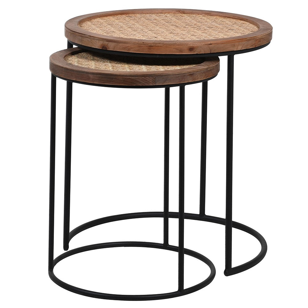 A beautiful set of two nesting tables crafted from fir and finished with black metal legs. Complete with a rattan top.