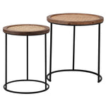 A beautiful set of two nesting tables crafted from fir and finished with black metal legs. Complete with a rattan top.
