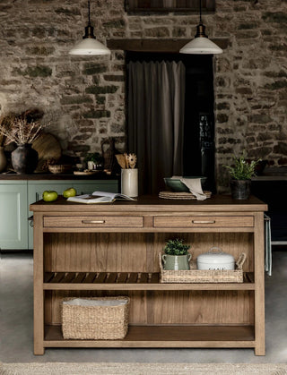 Aldsworth natural Bayur wood kitchen island with drawers and open shelving