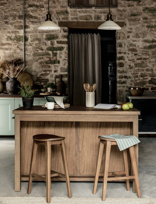 Aldsworth natural Bayur wood kitchen island with drawers and open shelving, view 2