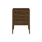 Two drawer brown bedside table in brown stained solid oak and oak veneer, curved front, curved legs, cut lines, visible grain, metal runners on drawers and brass style bar handles

45W x 40D x 60H cm; 16kg