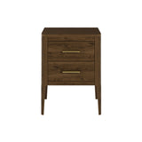 Two drawer brown bedside table in brown stained solid oak and oak veneer, curved front, curved legs, cut lines, visible grain, metal runners on drawers and brass style bar handles

45W x 40D x 60H cm; 16kg