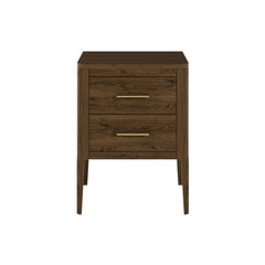 Two drawer brown bedside table in brown stained solid oak and oak veneer, curved front, curved legs, cut lines, visible grain, metal runners on drawers and brass style bar handles

45W x 40D x 60H cm; 16kg
