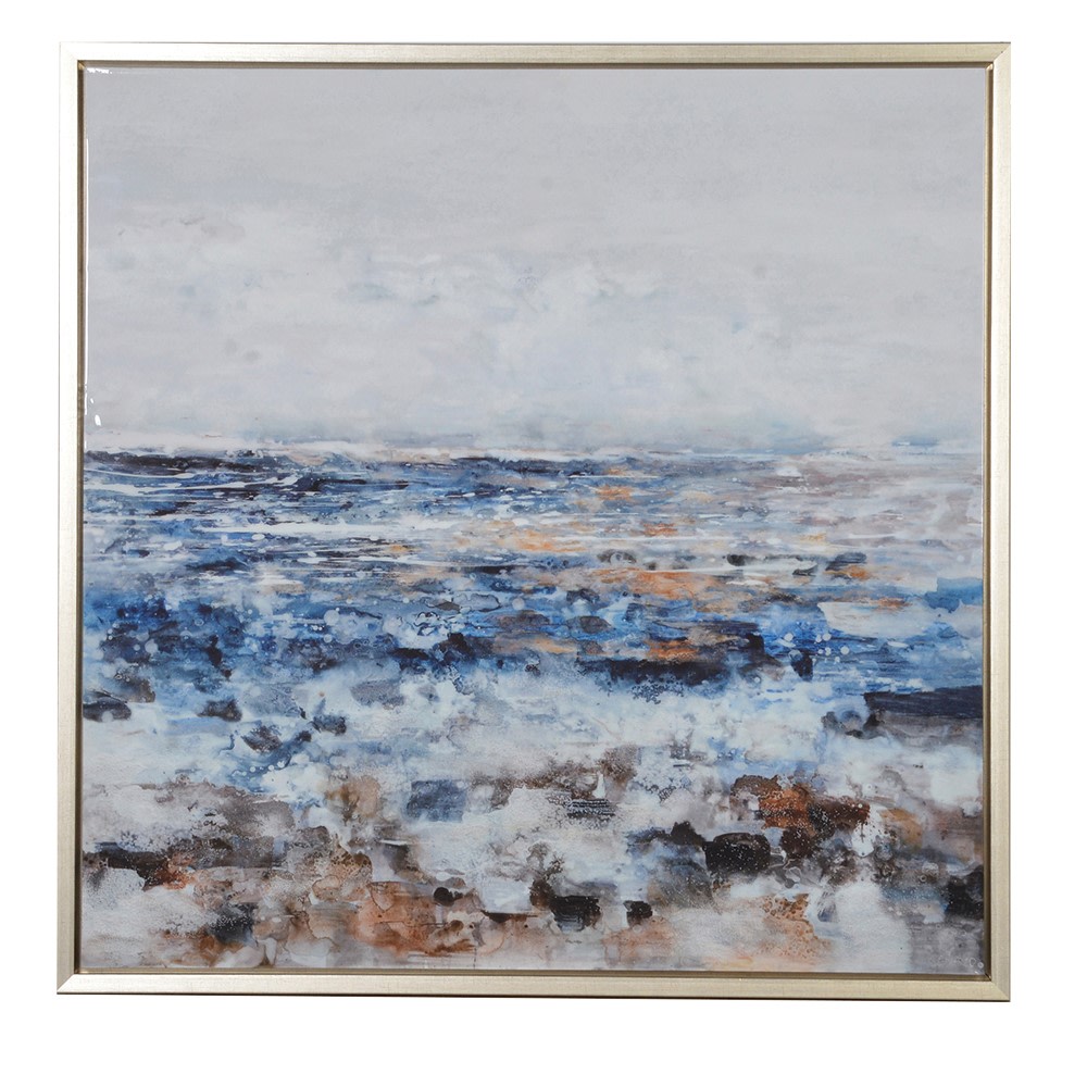 Abstract Ocean Horizon Wall Art featuring textured blue, white, and copper brushstrokes in a metallic frame.