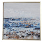 Abstract Ocean Horizon Wall Art featuring textured blue, white, and copper brushstrokes in a metallic frame.