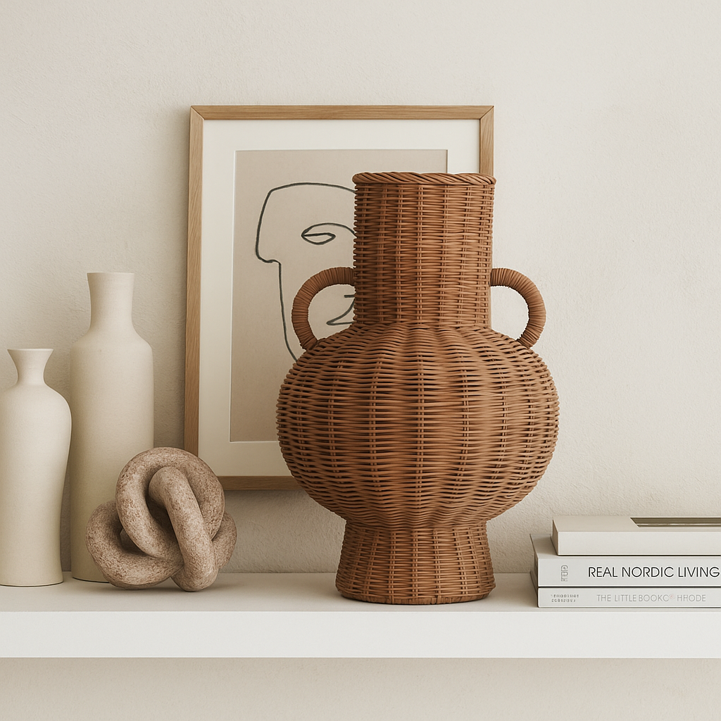 Handwoven with care and tradition, the Alderfield Jug brings the charm of rustic craftsmanship into your space. Inspired by heritage vessels once used to gather spring water or display wild blooms, this piece features a rounded base, tall neck, and two looped handles for a timeless silhouette. Made from natural rattan, its warm, earthy tones and intricate weave tell a story of simple living and enduring beauty. Whether placed on a farmhouse table or nestled in a sunlit corner, the Alderfield Jug adds textur
