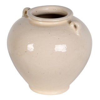 A small round ceramic jar with a wide flared rim, two loop handles, and a speckled cream-beige glaze, shown on a plain white background.