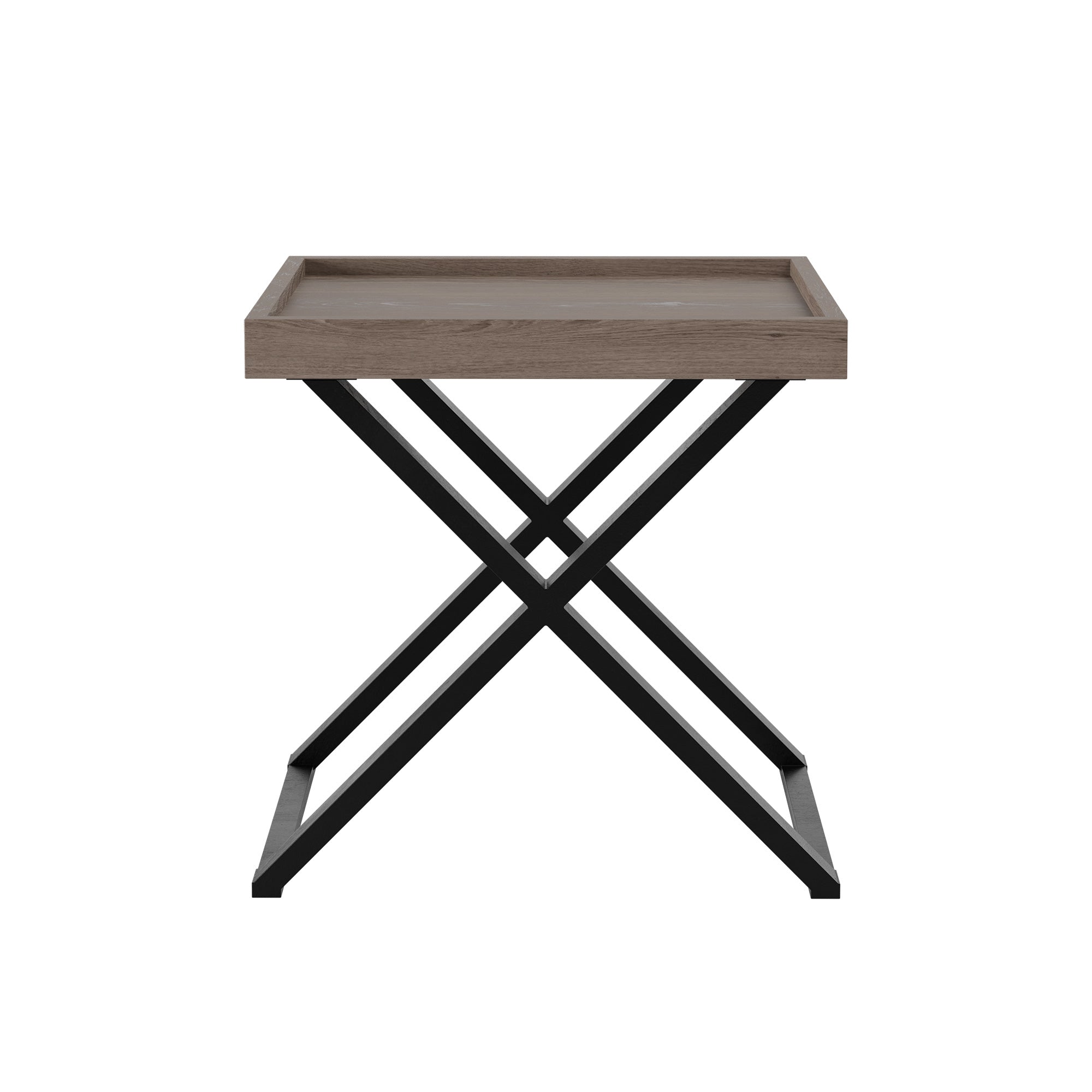 Alnwick Rectangular end table in aged oak and oak veneer, crossed black metal legs, visible grain 60W x 45D x 60H…