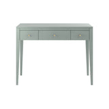 Three drawer pigeon grey console table in birch wood and mdf, tapered legs, cut lines, wooden runners on drawers and brass style handles

100W x 45D x 76H cm;  20kg
