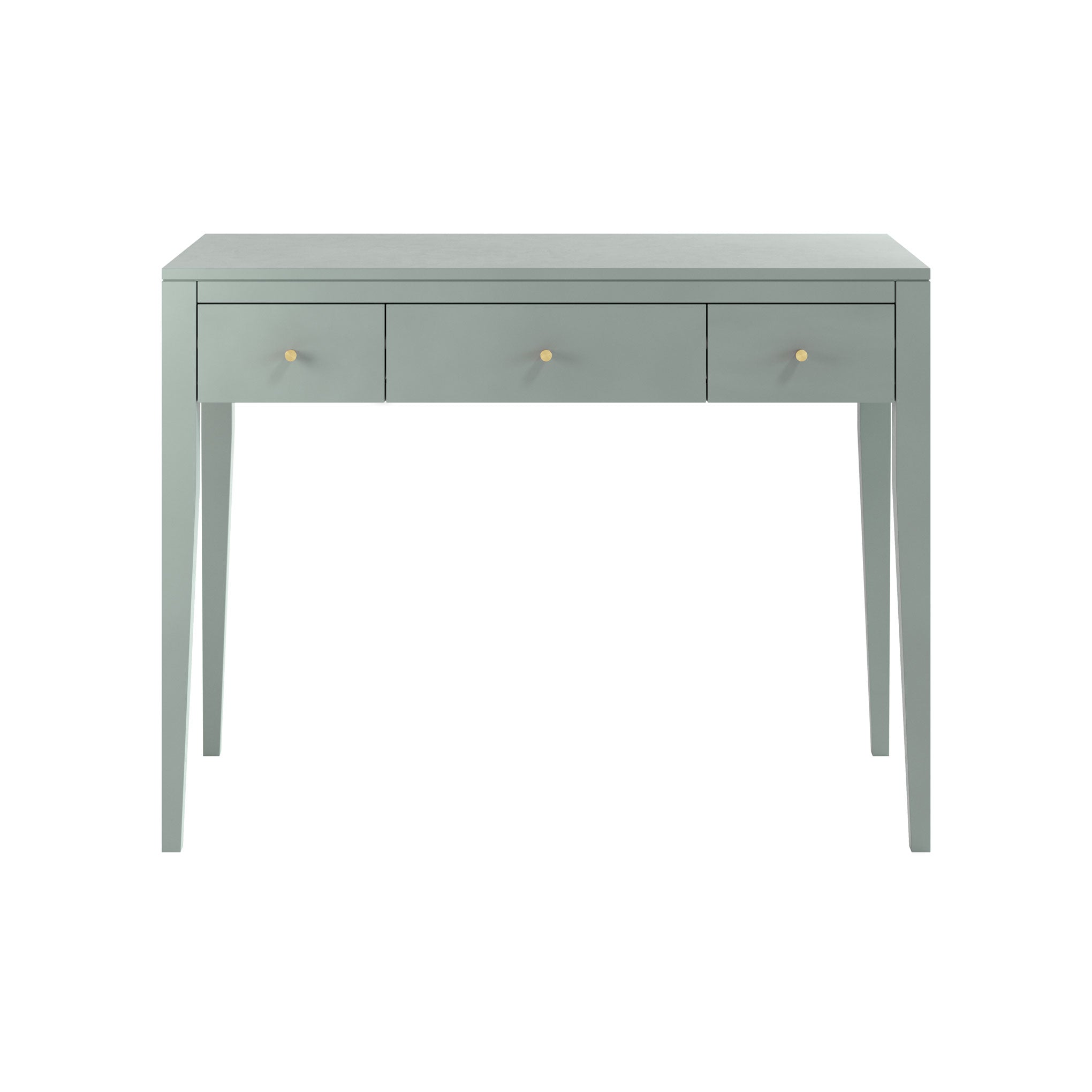 Three drawer pigeon grey console table in birch wood and mdf, tapered legs, cut lines, wooden runners on drawers and brass style handles

100W x 45D x 76H cm;  20kg