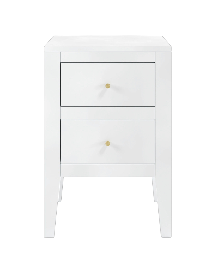Two drawer white bedside table in birch wood and mdf, tapered legs, cut lines, wooden runners on drawers and brass style handles

40W x 40D x 60H cm;  13kg

