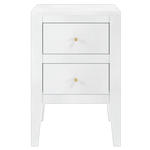Two drawer white bedside table in birch wood and mdf, tapered legs, cut lines, wooden runners on drawers and brass style handles

40W x 40D x 60H cm;  13kg

