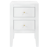 Two drawer white bedside table in birch wood and mdf, tapered legs, cut lines, wooden runners on drawers and brass style handles

40W x 40D x 60H cm;  13kg


