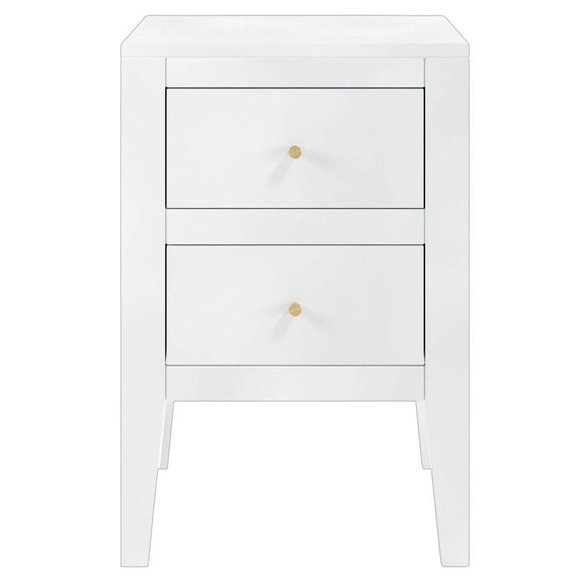 Two drawer white bedside table in birch wood and mdf, tapered legs, cut lines, wooden runners on drawers and brass style handles

40W x 40D x 60H cm;  13kg

