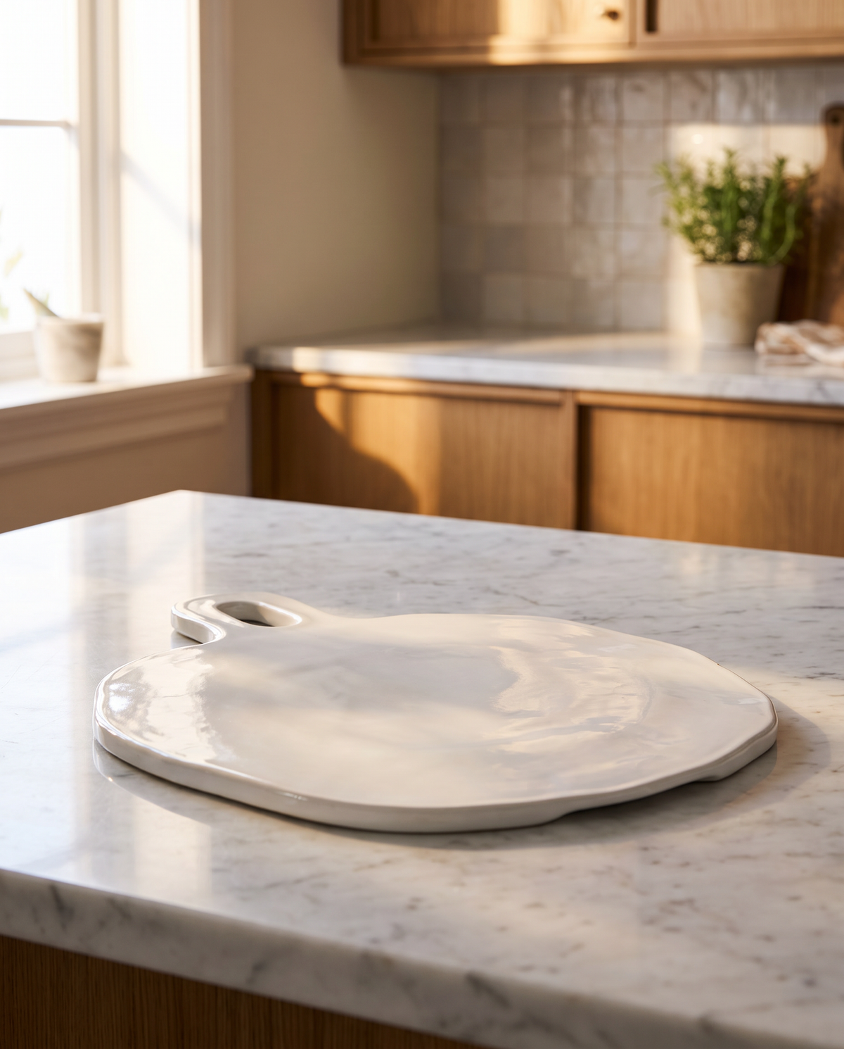 A white ceramic serving platter with a small loop handle, resting on a white marble kitchen island with a blurred warm kitchen background.