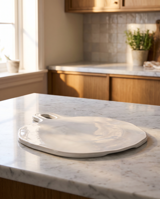 A white ceramic serving platter with a small loop handle, resting on a white marble kitchen island with a blurred warm kitchen background.