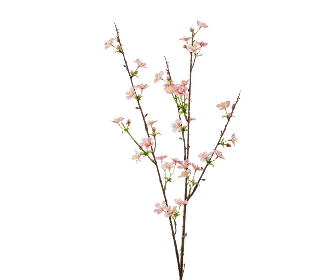 An exquisite pink faux apple blossom stem.