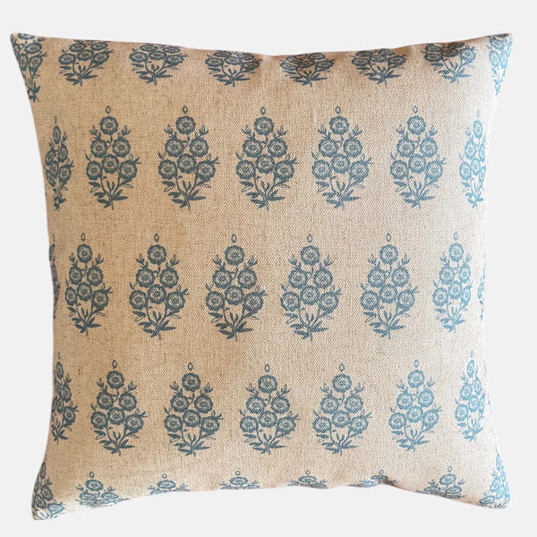 Angelique Block Print Floral Linen Cushion | China Blue