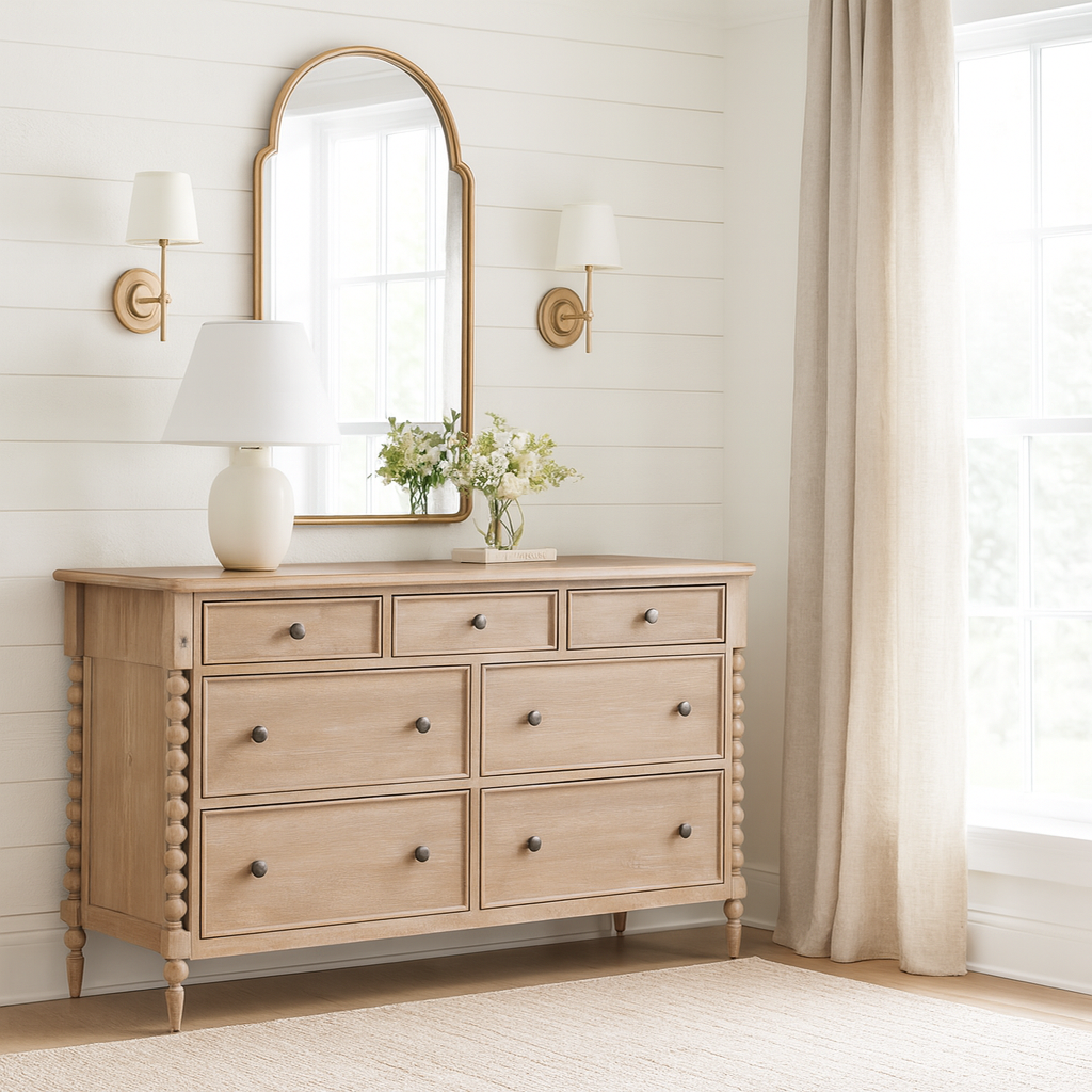 Bright bedroom corner with a light wood eight-drawer dresser featuring spindle legs, set against white shiplap wall paneling. Above the dresser hangs an arched gold-framed mirror, flanked by two gold wall sconces with white shades. On top of the dresser sits a white ceramic table lamp and a glass vase with white flowers, while beige linen curtains frame a large window letting in abundant natural light.