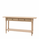 Antoine console table in limewashed oak with two drawers, turned legs, and lower shelf – rustic French country style furniture