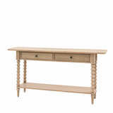 Antoine console table in limewashed oak with two drawers, turned legs, and lower shelf – rustic French country style furniture
