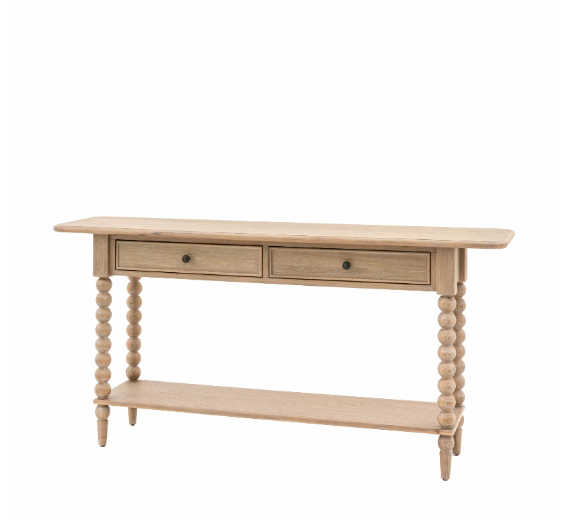Antoine console table in limewashed oak with two drawers, turned legs, and lower shelf – rustic French country style furniture