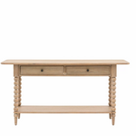 Antoine console table in limewashed oak with two drawers, turned legs, and lower shelf – rustic French country style furniture - front angle