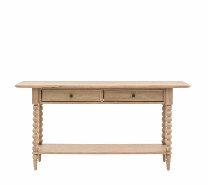 Antoine console table in limewashed oak with two drawers, turned legs, and lower shelf – rustic French country style furniture - front angle