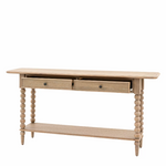 Antoine console table in limewashed oak with two drawers, turned legs, and lower shelf – rustic French country style furniture drawers open