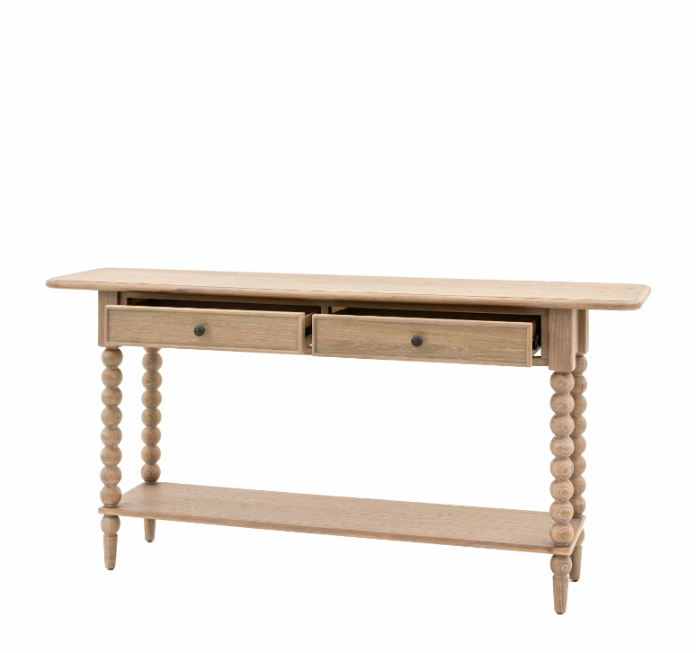Antoine console table in limewashed oak with two drawers, turned legs, and lower shelf – rustic French country style furniture drawers open