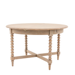 Antoine extendable dining table in limewashed oak, round shape with turned legs – farmhouse and coastal dining furniture