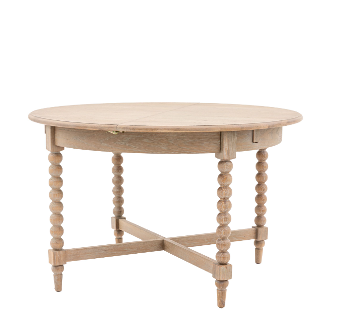 Antoine extendable dining table in limewashed oak, round shape with turned legs – farmhouse and coastal dining furniture