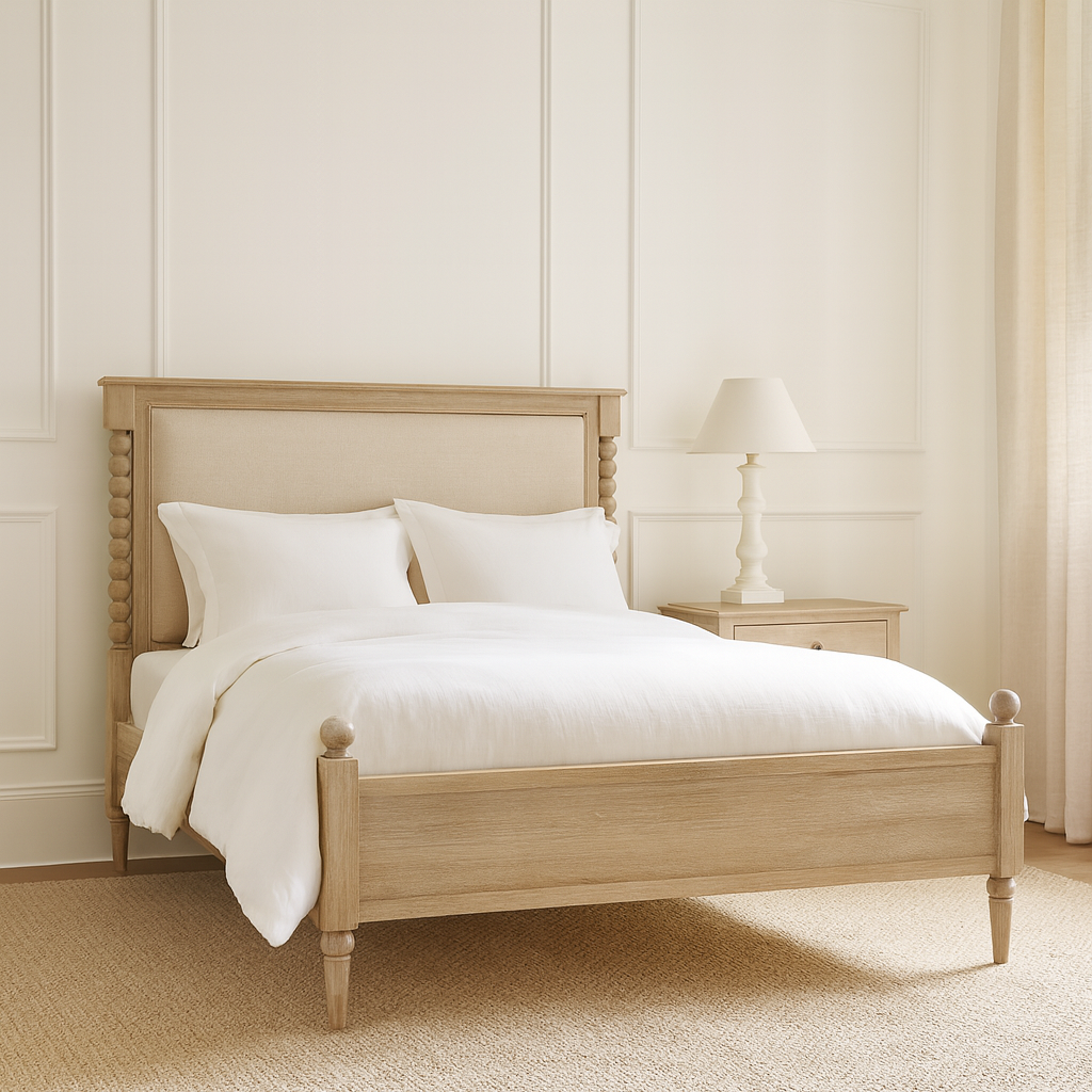 Antoine bed frame in limewashed oak with upholstered headboard and turned posts – elegant French country bedroom furniture