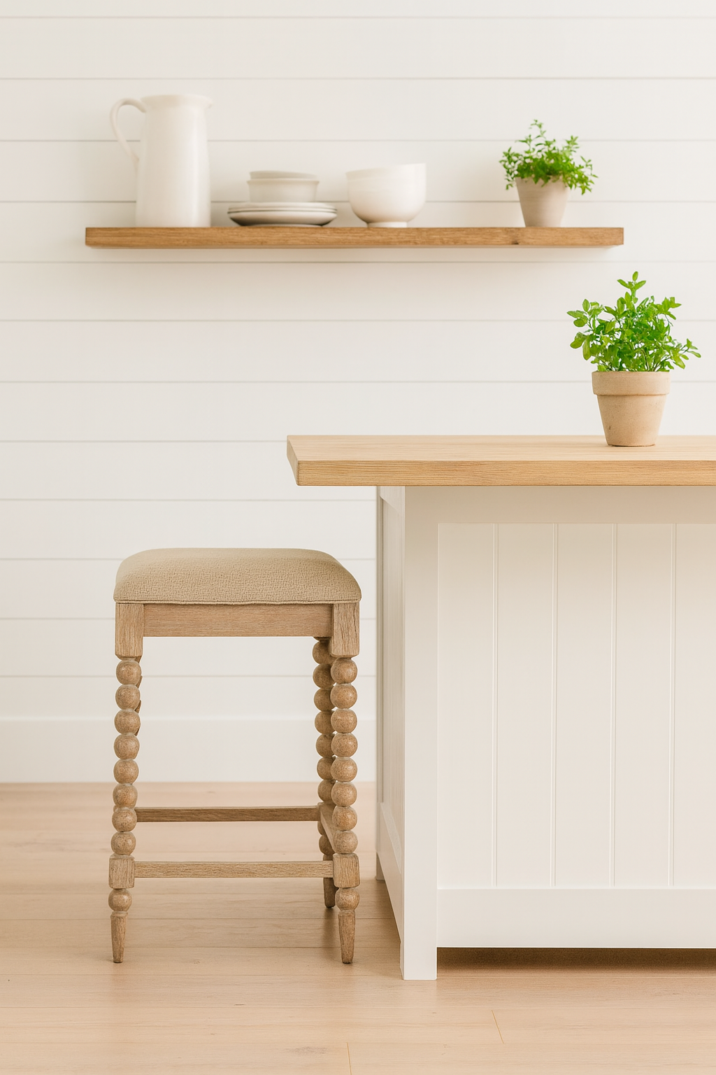 A farmhouse-style kitchen with white shiplap walls, a wooden floating shelf holding a white ceramic pitcher, stacked plates, bowls, and a small potted herb plant. Below, a light wood and white kitchen island with a beige-upholstered stool featuring turned wooden legs sits on a light hardwood floor, accompanied by another potted herb on the island countertop.