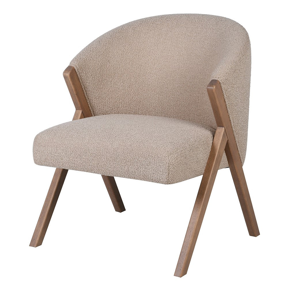 Front angle view of Arlo curved back dining chair in taupe with walnut legs