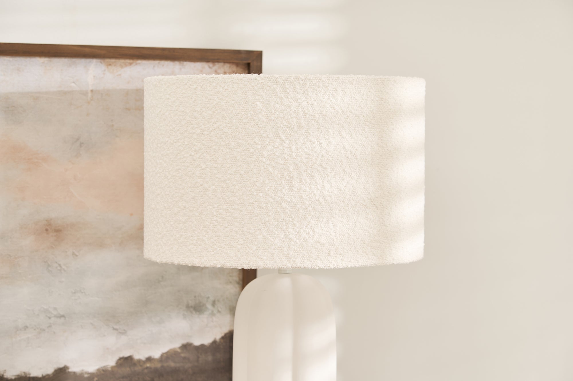 Close-up of Arlo Bouclé Table Lamp with modern white bouclé drum shade