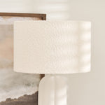 Close-up of Arlo Bouclé Table Lamp with modern white bouclé drum shade
