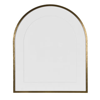 Arch-topped photo frame in brushed gold metal with a matching arched mount and easel back. Holds a 24 x 19cm photograph. 