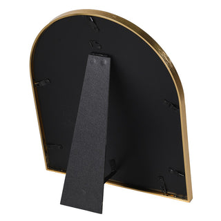 Arch-topped photo frame in brushed gold metal with a matching arched mount and easel back.