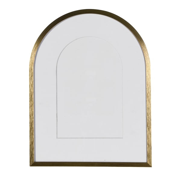 Arncliffe arched photo frame in brushed gold metal with soft-arch mount, freestanding