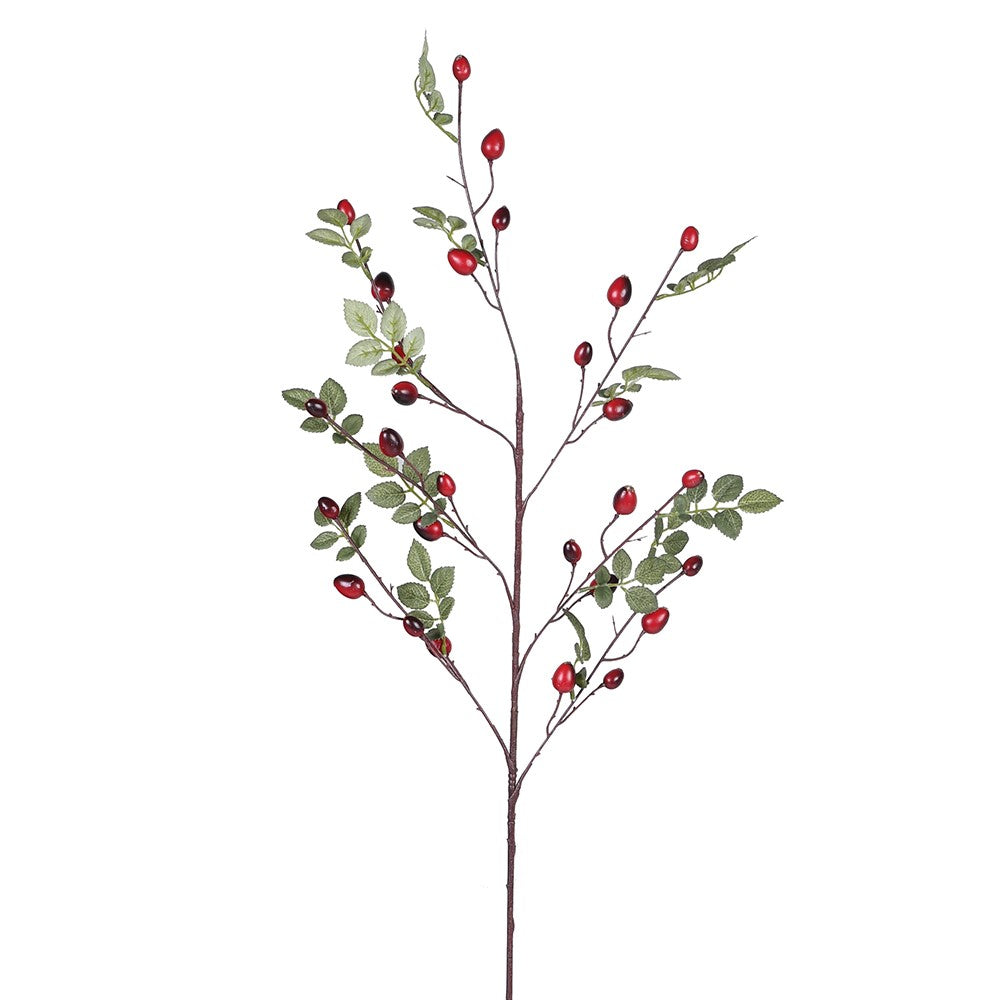 Faux rose hip spray with red berries and green leaves on a white background, 100cm tall